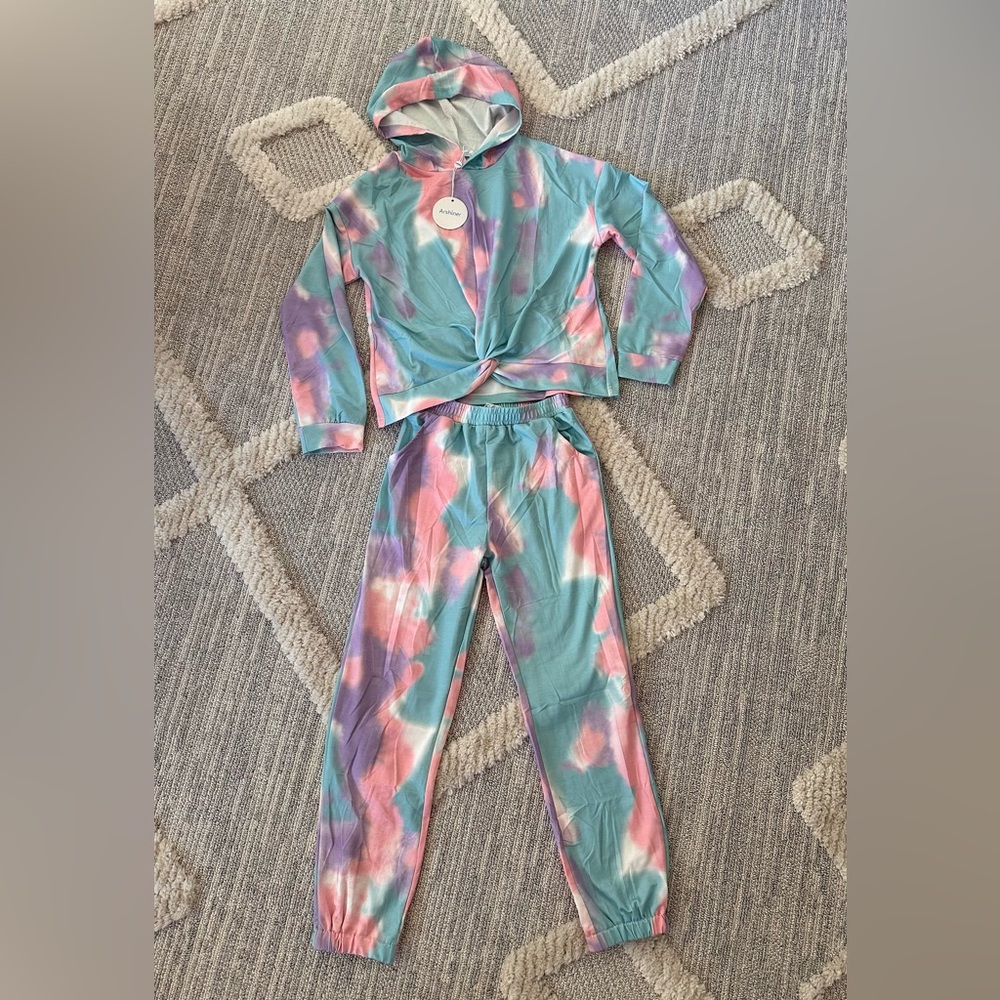 Arshiner 2 Piece Tie-dye Twist Front Pullover Hooded Sweatshirt and Swea…